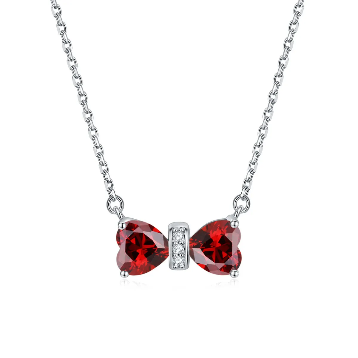 Double Heart Zircon Bow Pendant Silver Necklace for Women
