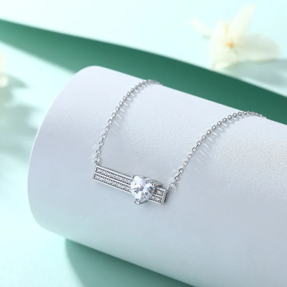 Double Row Heart Zircon Pendant Silver Necklace for Women