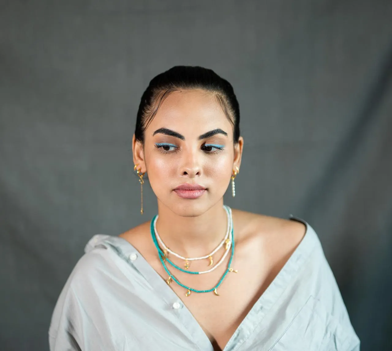 Dual Crescent Pearl   Turquoise Necklace