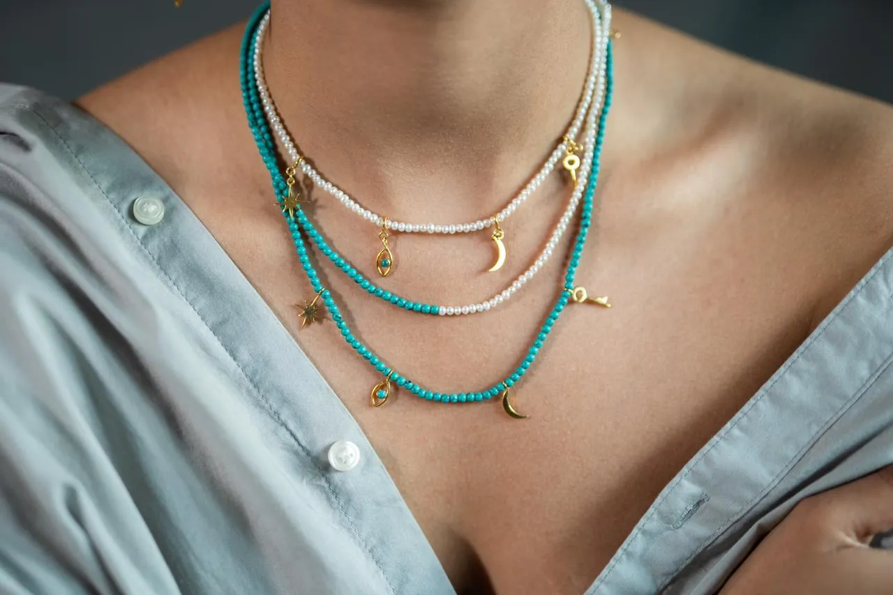 Dual Crescent Pearl   Turquoise Necklace