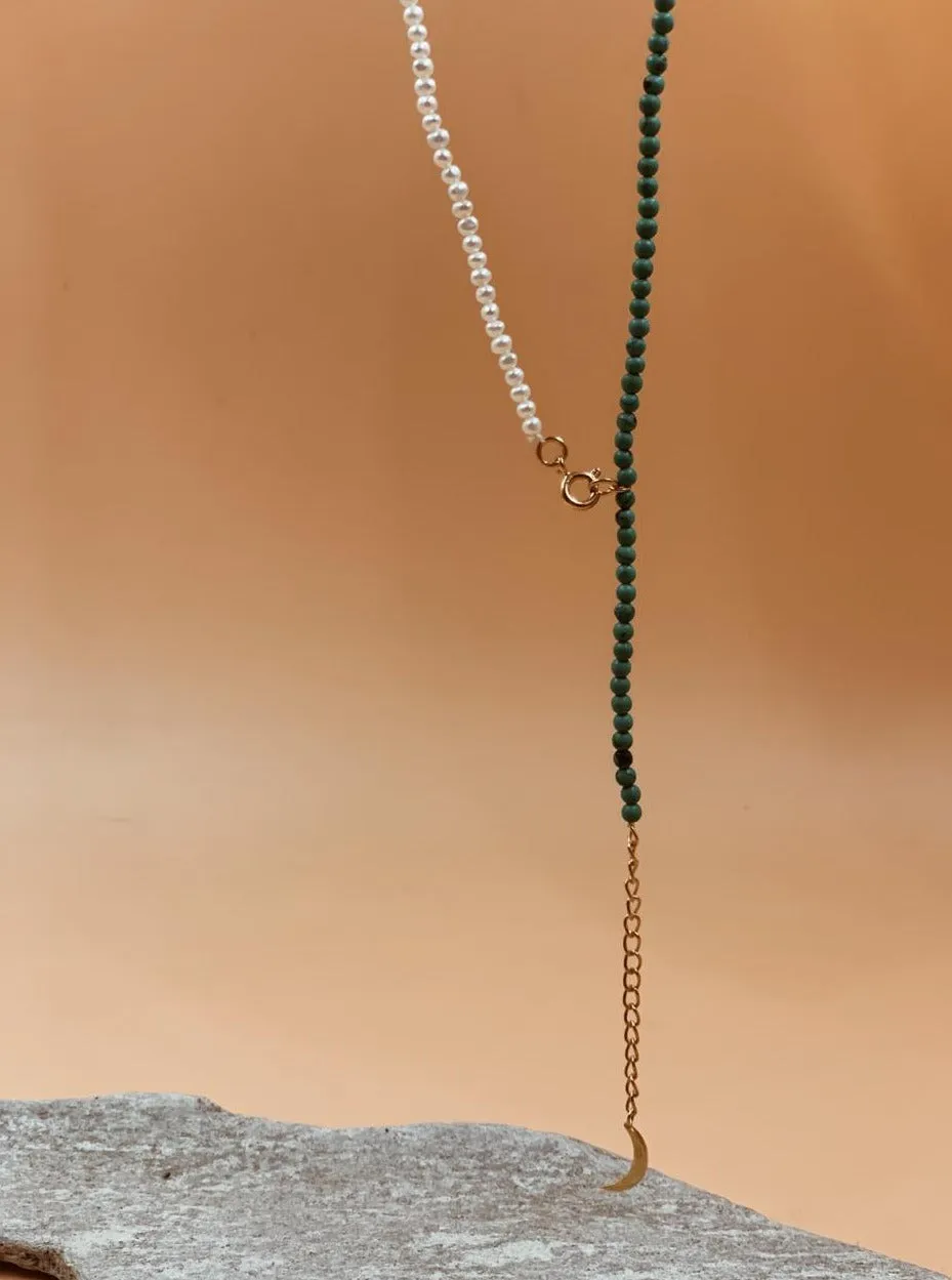 Dual Crescent Pearl   Turquoise Necklace