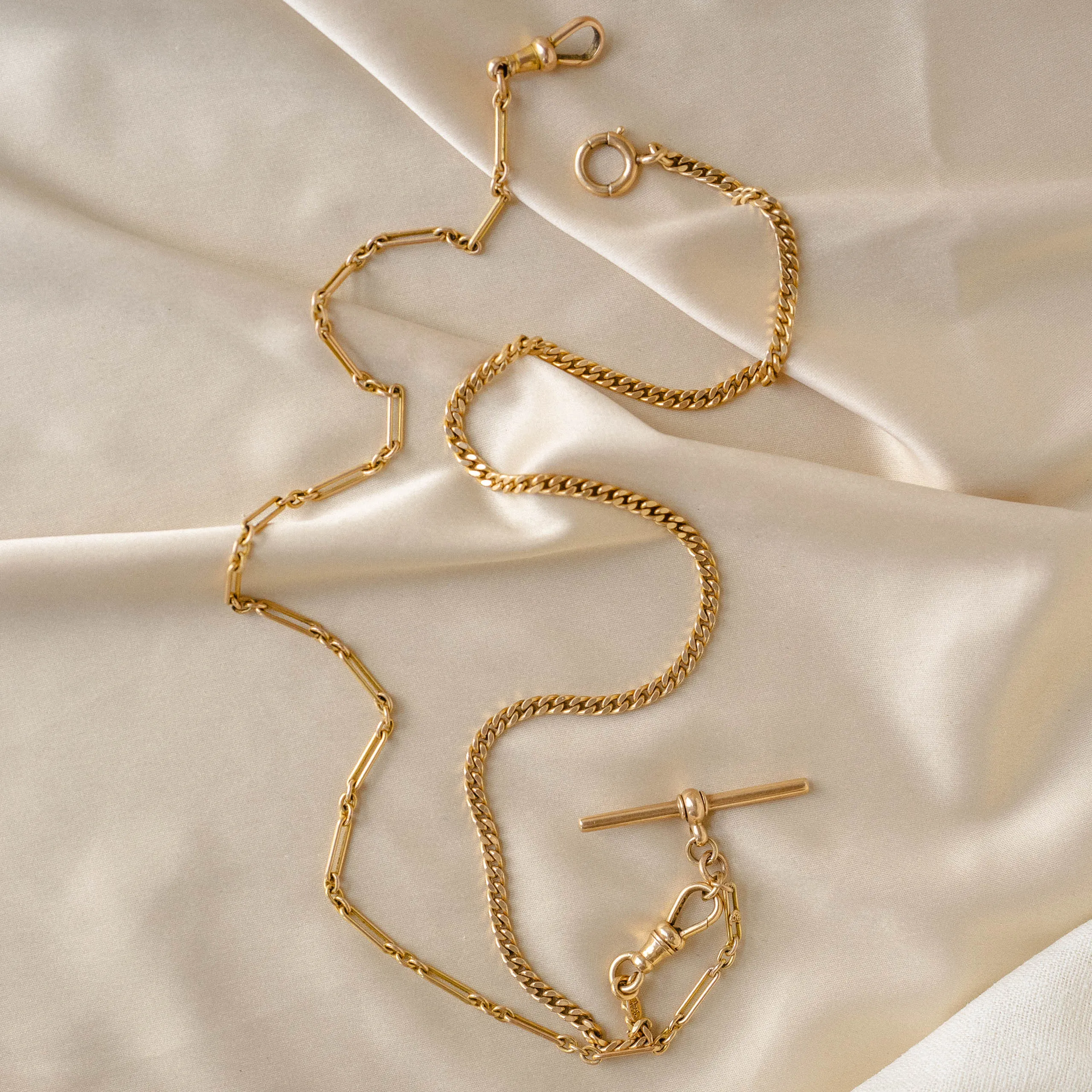 Dual-Sided 9K   14k Vintage Watch Chain Necklace with T-Bar Fob