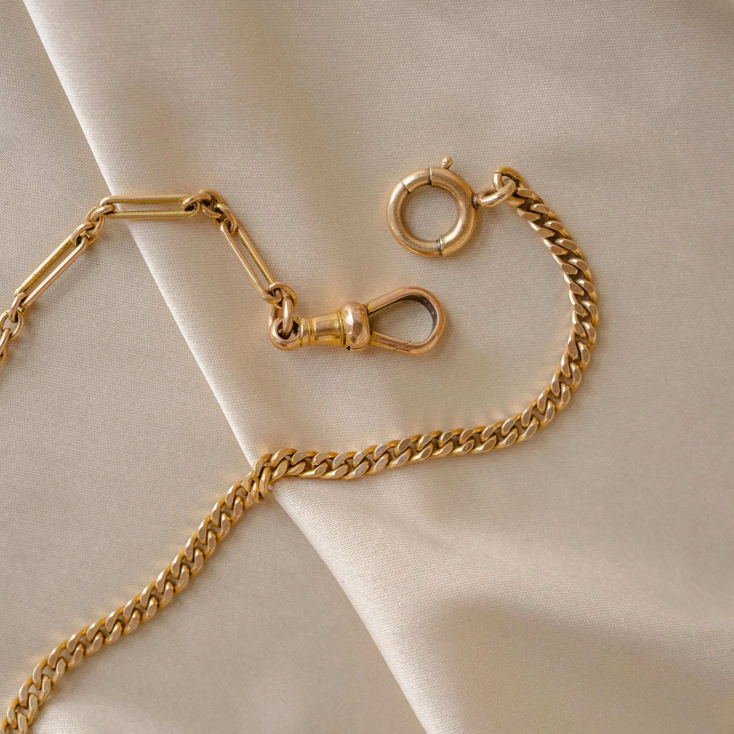 Dual-Sided 9K   14k Vintage Watch Chain Necklace with T-Bar Fob