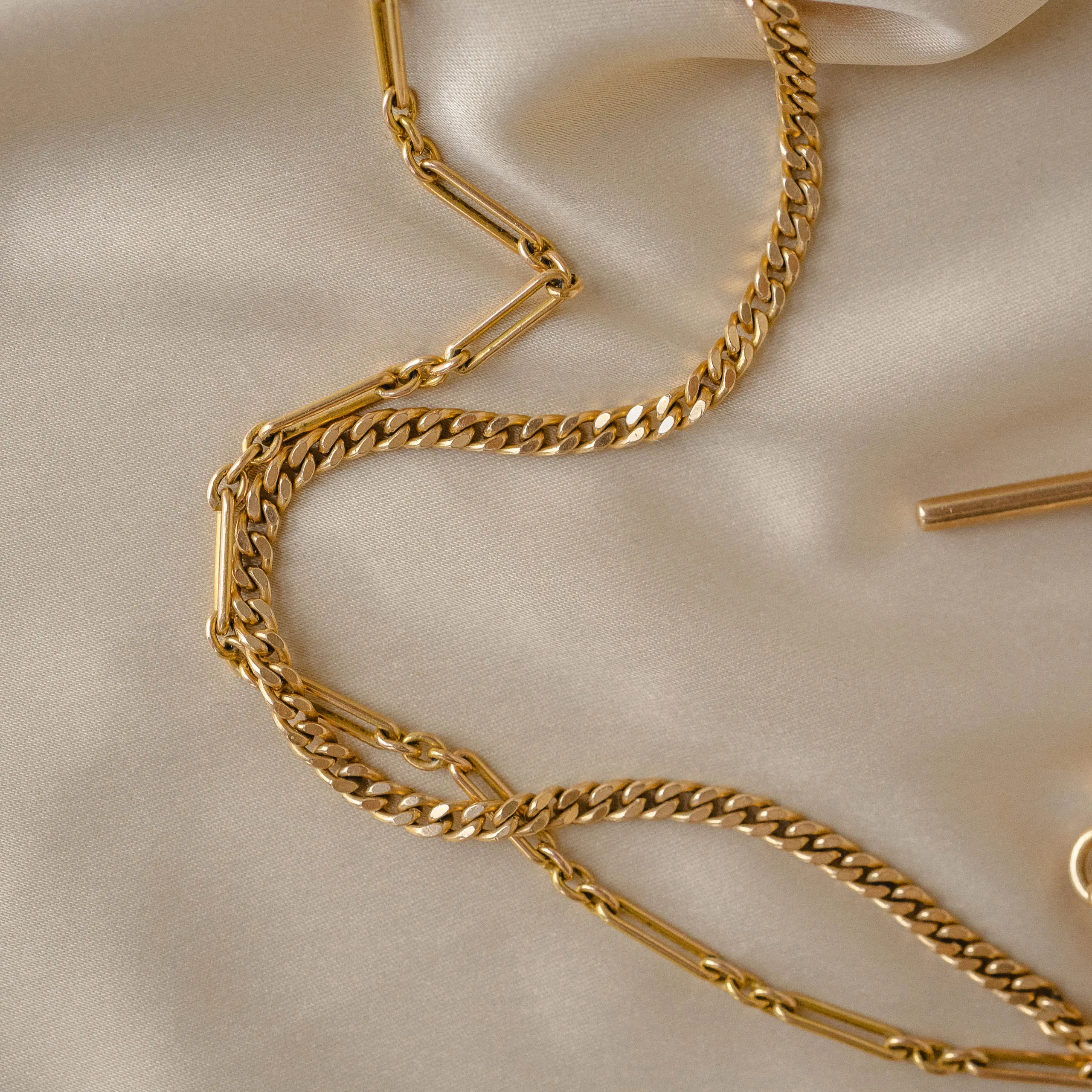Dual-Sided 9K   14k Vintage Watch Chain Necklace with T-Bar Fob