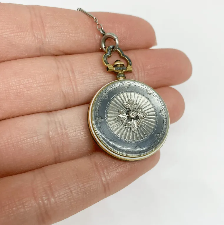 Edwardian Longines Blue Enamel Pendant Watch Platinum and 14 Karat Yellow Gold