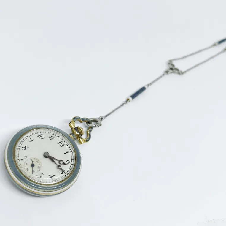 Edwardian Longines Blue Enamel Pendant Watch Platinum and 14 Karat Yellow Gold