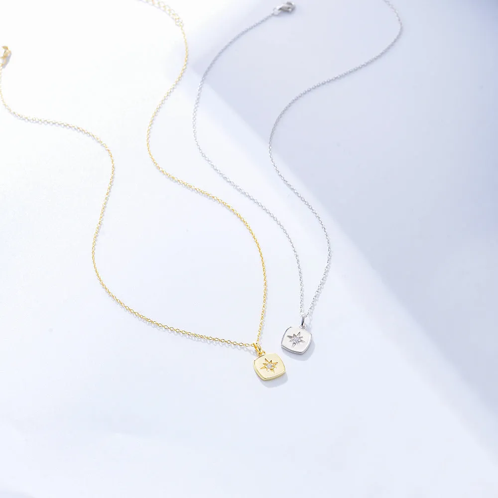 Eight-pointed Star Zircon Square Pendant Sterling Silver Necklace for Women
