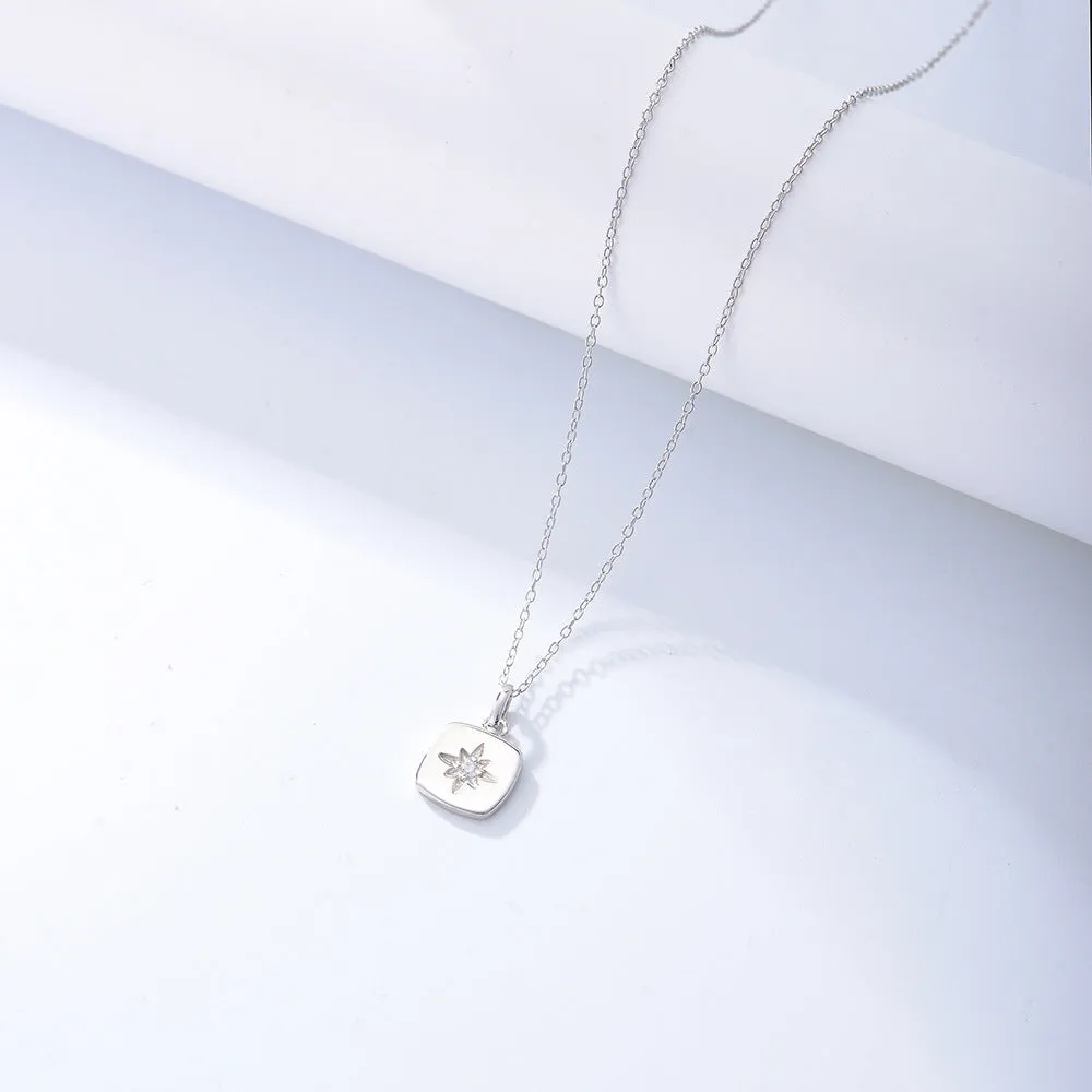 Eight-pointed Star Zircon Square Pendant Sterling Silver Necklace for Women