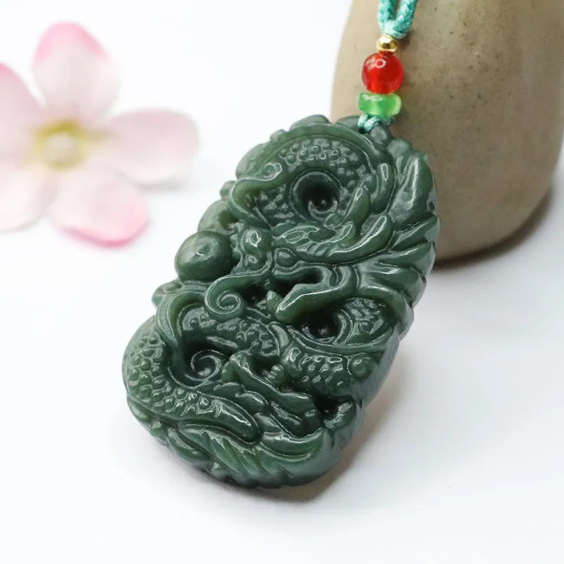 Emerald Flying Dragon Necklace with Beaded Playful Dragon Jade Jewelry