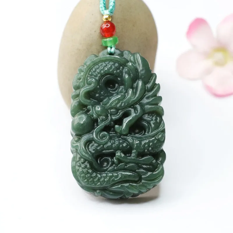 Emerald Flying Dragon Necklace with Beaded Playful Dragon Jade Jewelry