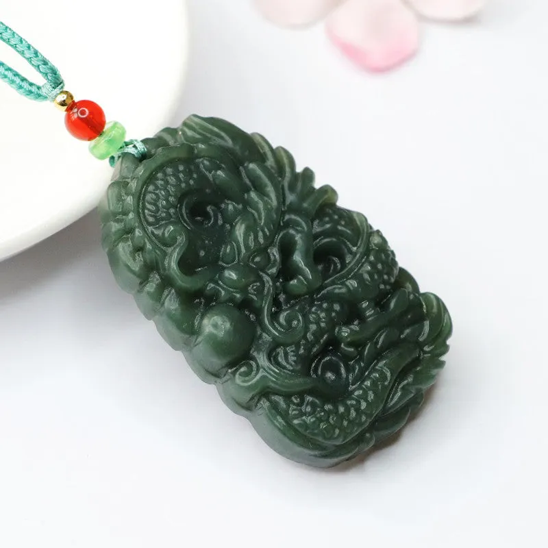 Emerald Flying Dragon Necklace with Beaded Playful Dragon Jade Jewelry