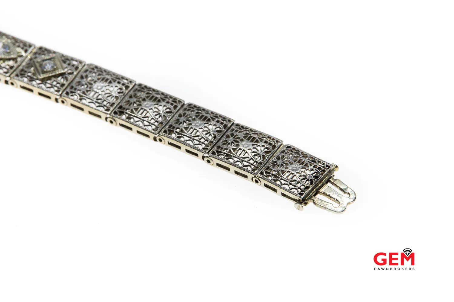 Estate Diamond Filigree Accent 14K 585 White Gold Pierced Bracelet