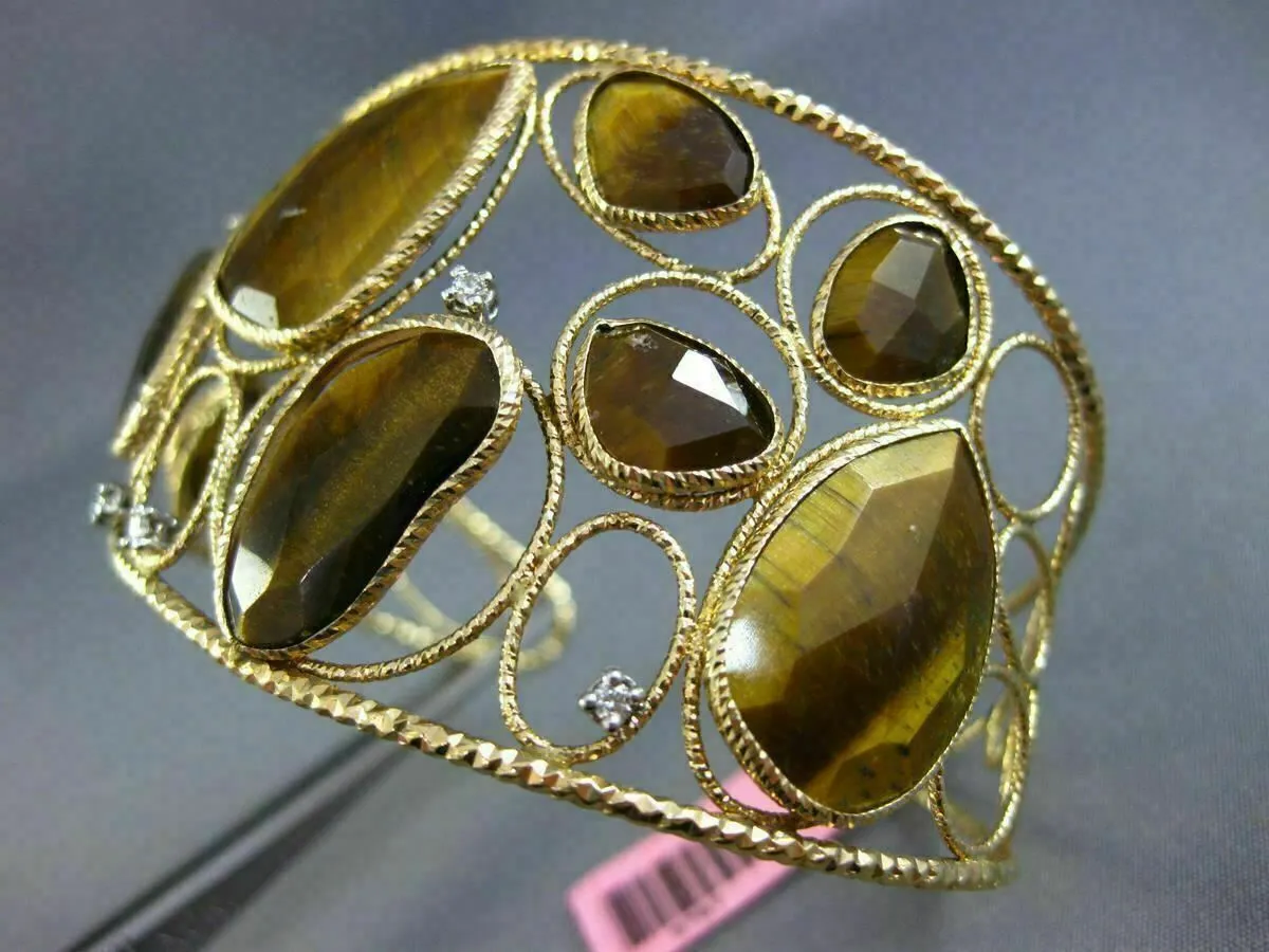 ESTATE LARGE .16CT DIAMOND & AAA TIGER EYE 14KT YELLOW GOLD 3D BANGLE BRACELET