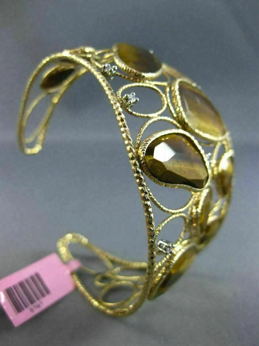 ESTATE LARGE .16CT DIAMOND & AAA TIGER EYE 14KT YELLOW GOLD 3D BANGLE BRACELET
