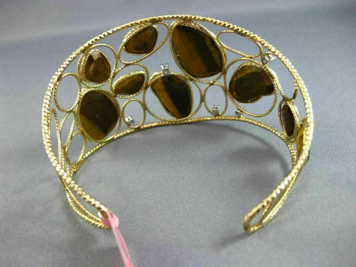 ESTATE LARGE .16CT DIAMOND & AAA TIGER EYE 14KT YELLOW GOLD 3D BANGLE BRACELET
