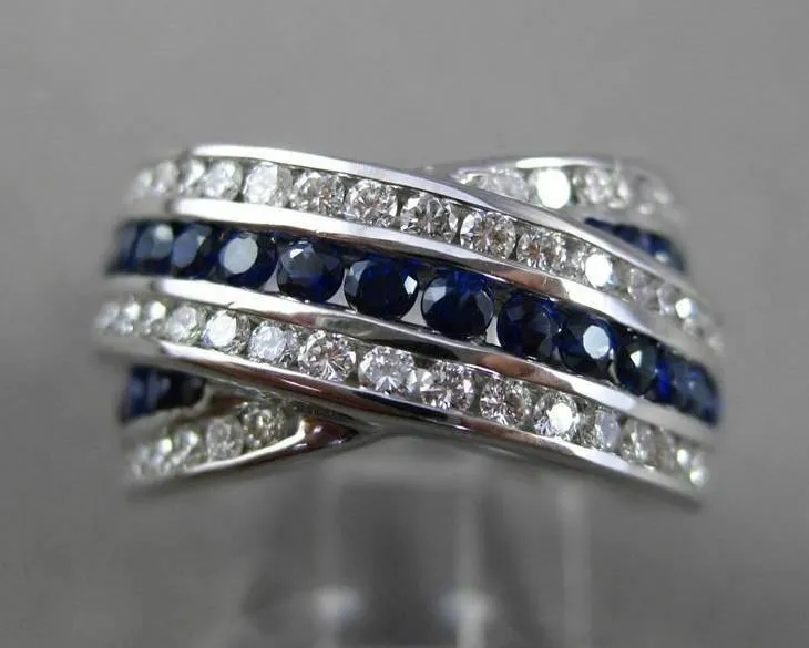 ESTATE LARGE 2.6CT DIAMOND SAPPHIRE 18K WHITE GOLD CRISS CROSS RING E/F VS 23856