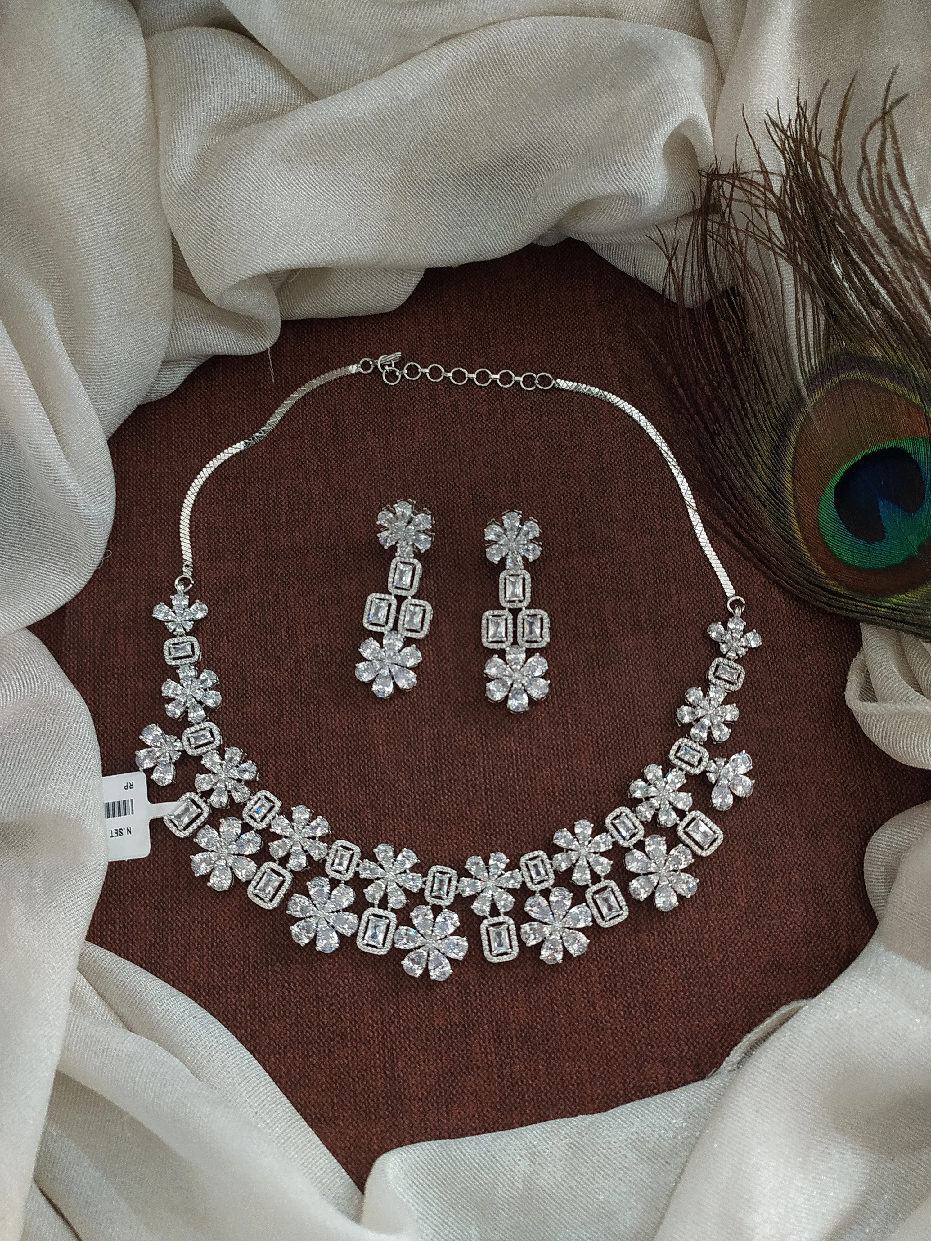 Eternal Elegance Rhodium-Plated Zircon Floral Cube Necklace Set