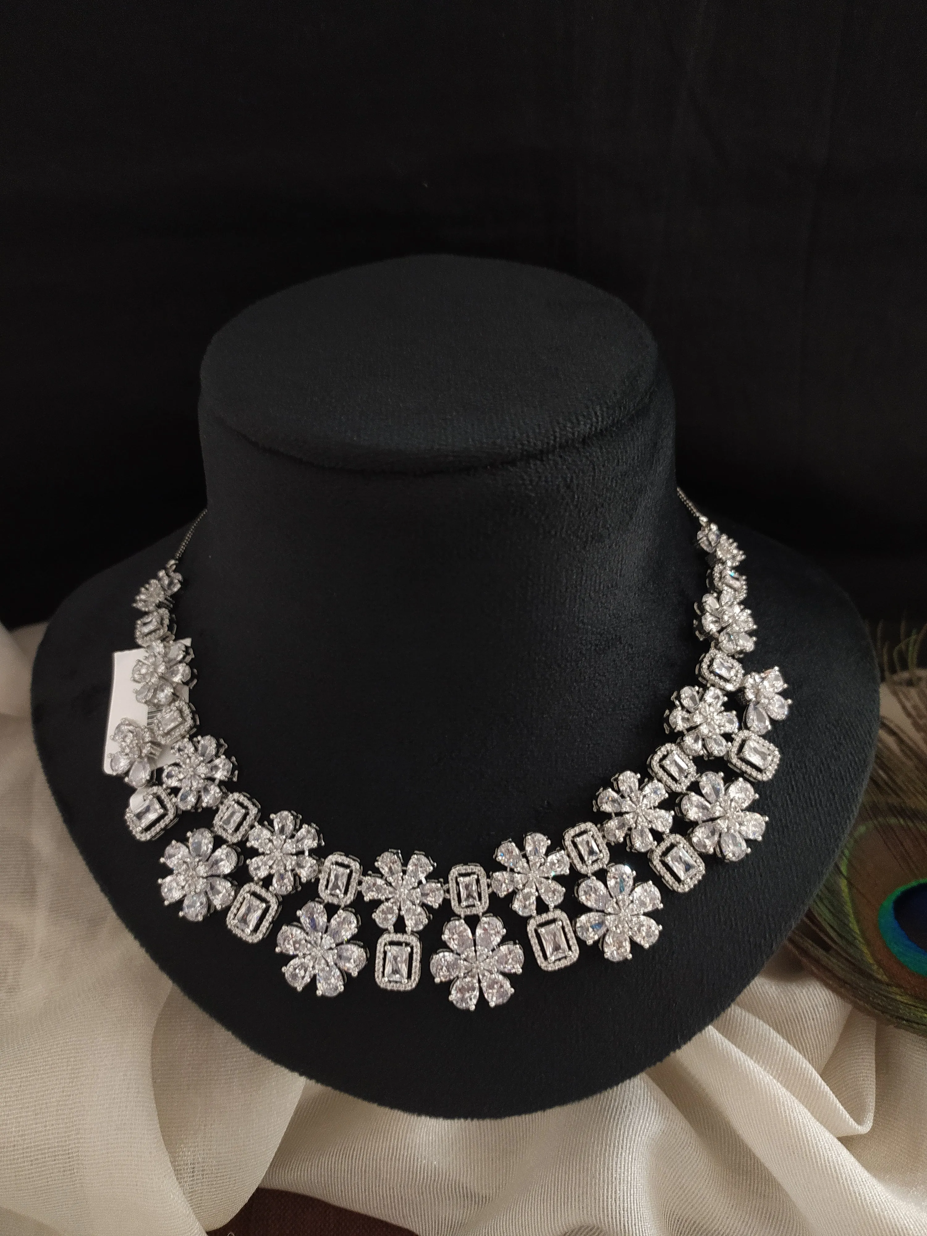 Eternal Elegance Rhodium-Plated Zircon Floral Cube Necklace Set