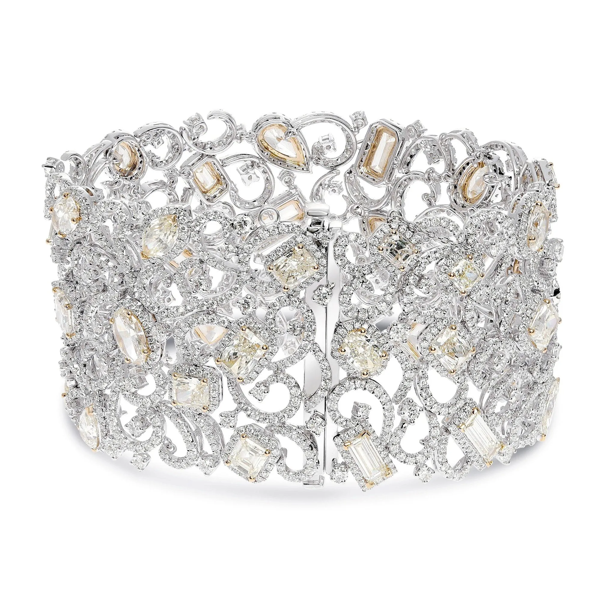 EXTRA LARGE 36.39CT DIAMOND 18KT 2 TONE GOLD MULTI SHAPE FILIGREE CUFF BRACELET