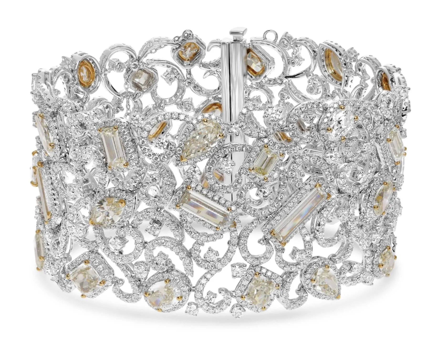 EXTRA LARGE 36.39CT DIAMOND 18KT 2 TONE GOLD MULTI SHAPE FILIGREE CUFF BRACELET