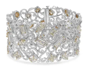 EXTRA LARGE 36.39CT DIAMOND 18KT 2 TONE GOLD MULTI SHAPE FILIGREE CUFF BRACELET