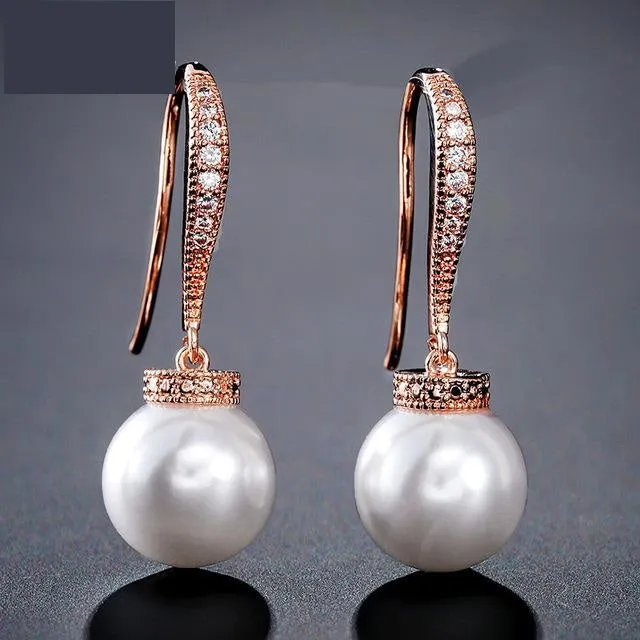 Fashion Round Simulated Pearl & Zirconia Long Drop Earrings Bridal Wedding Jewelry