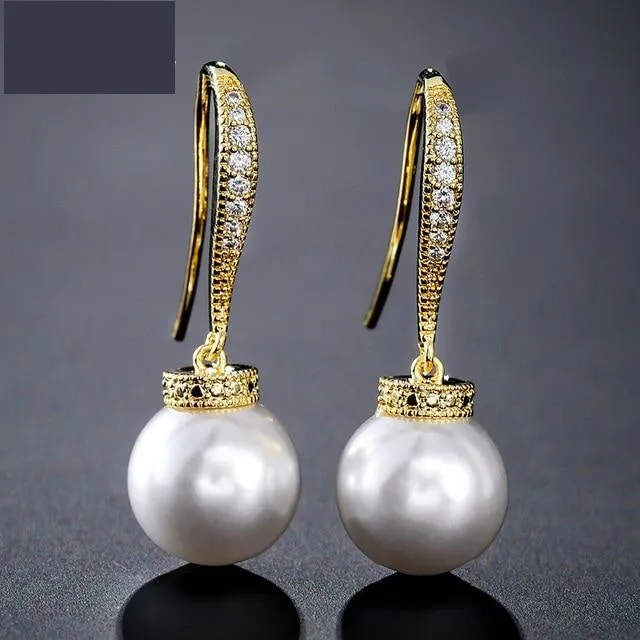 Fashion Round Simulated Pearl & Zirconia Long Drop Earrings Bridal Wedding Jewelry