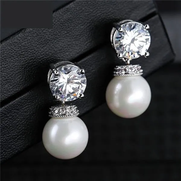 Fashion Round Simulated Pearl & Zirconia Long Drop Earrings Bridal Wedding Jewelry
