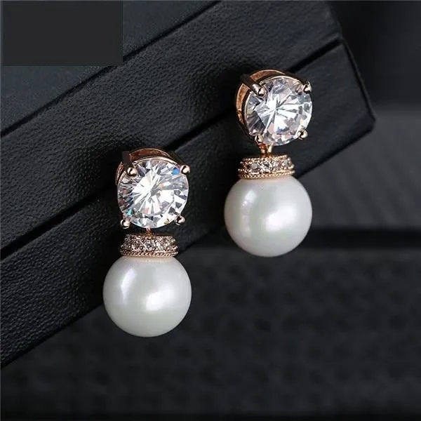 Fashion Round Simulated Pearl & Zirconia Long Drop Earrings Bridal Wedding Jewelry