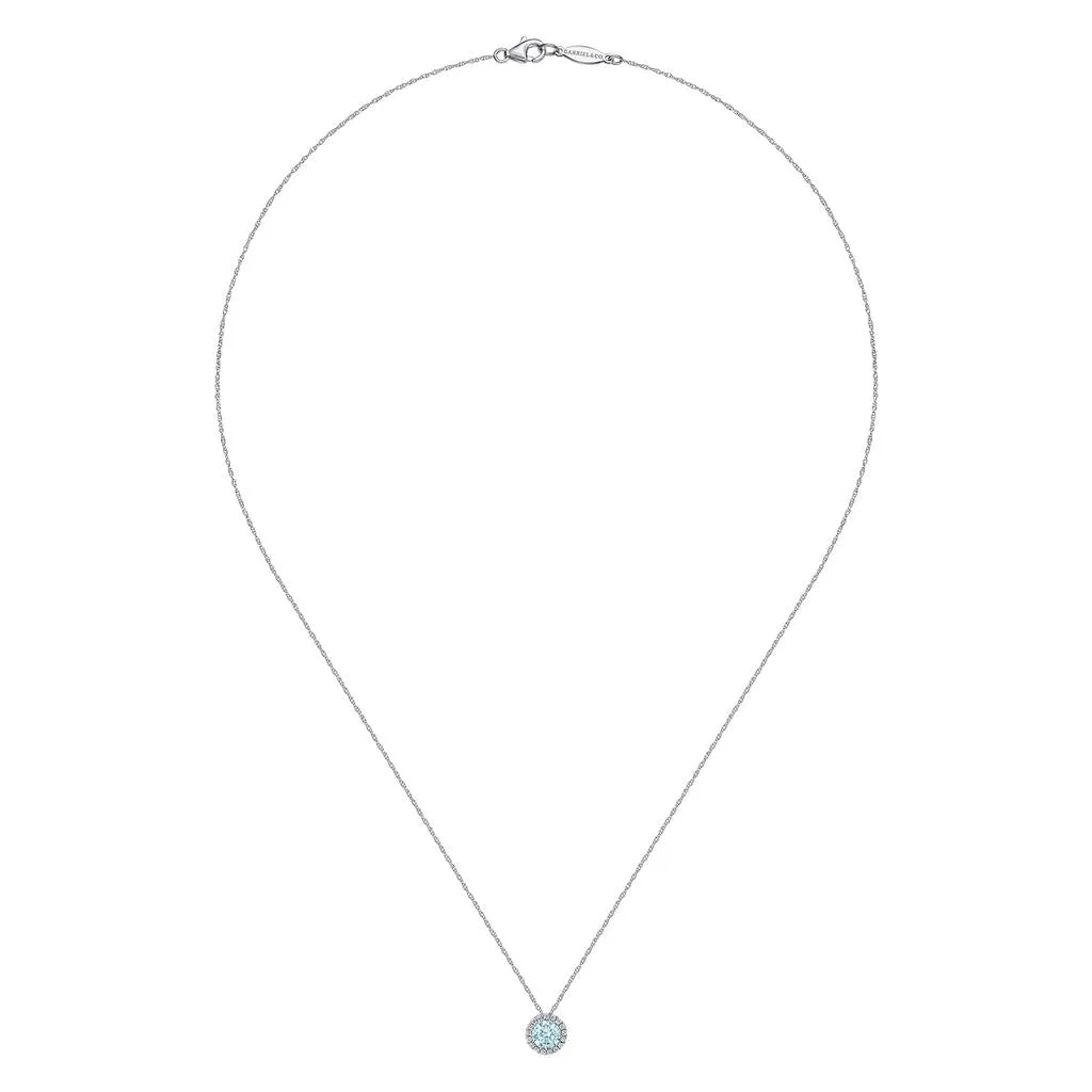 Gabriel & Co. 14K White Gold Aquamarine and Diamond Halo Pendant Necklace