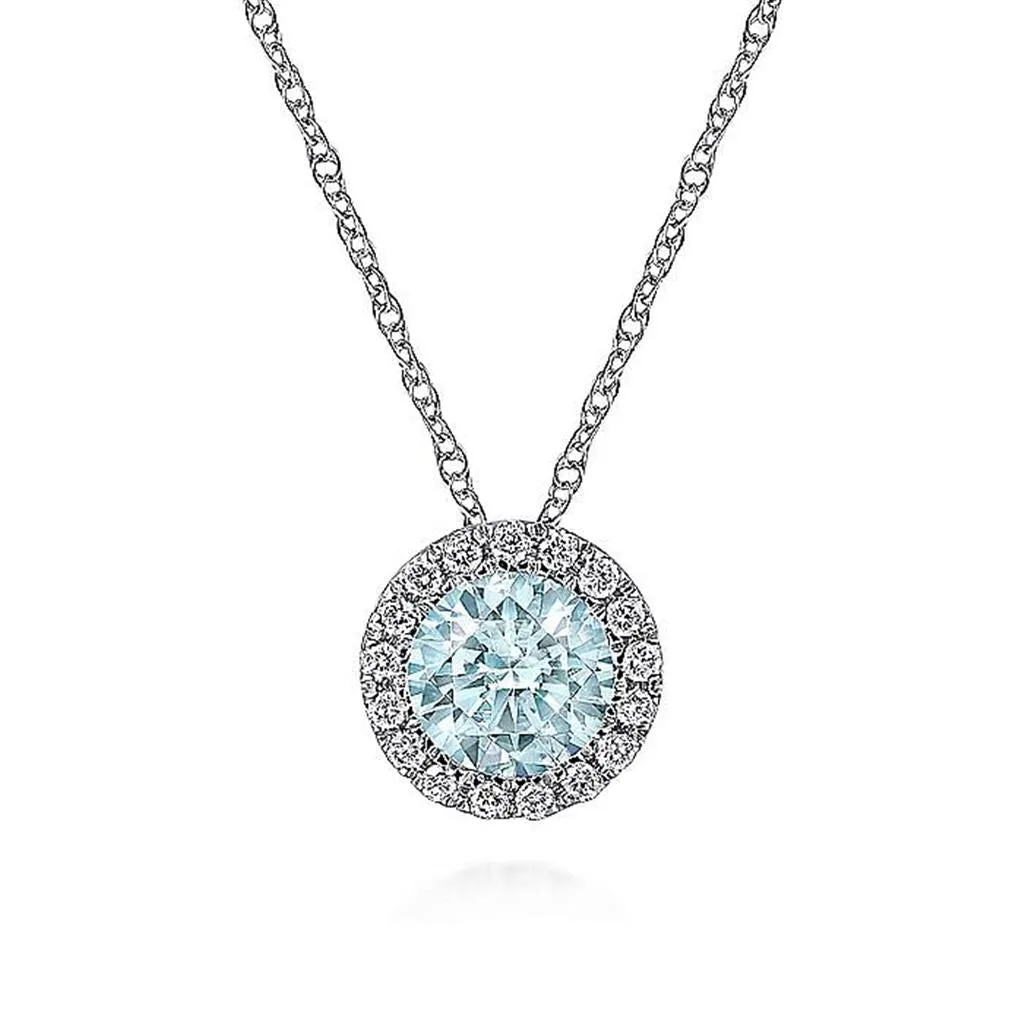 Gabriel & Co. 14K White Gold Aquamarine and Diamond Halo Pendant Necklace