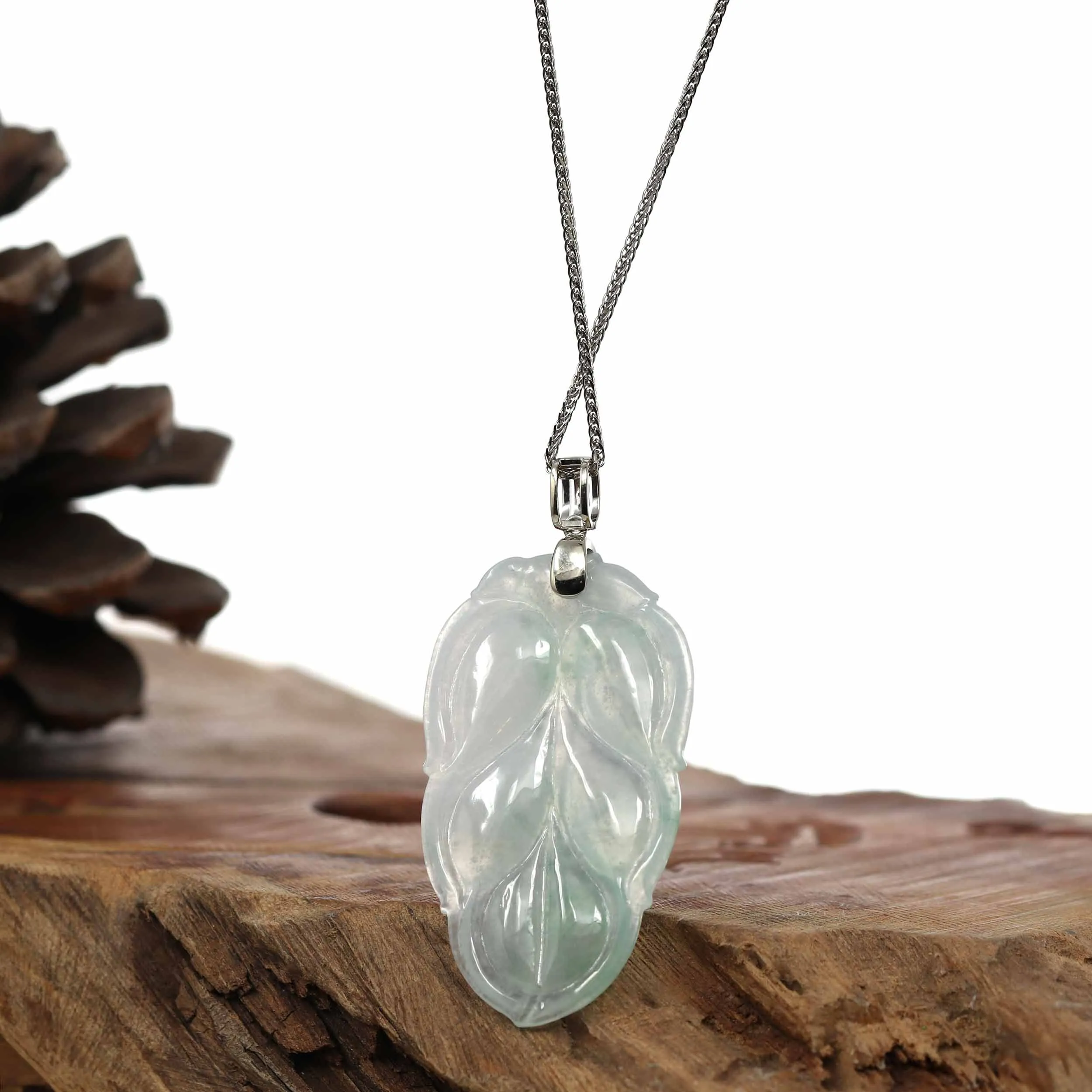 Genuine Ice Jadeite Jade Jin Zhi Yu Ye (Leaf) Necklace With White Gold VSI Diamond Bail