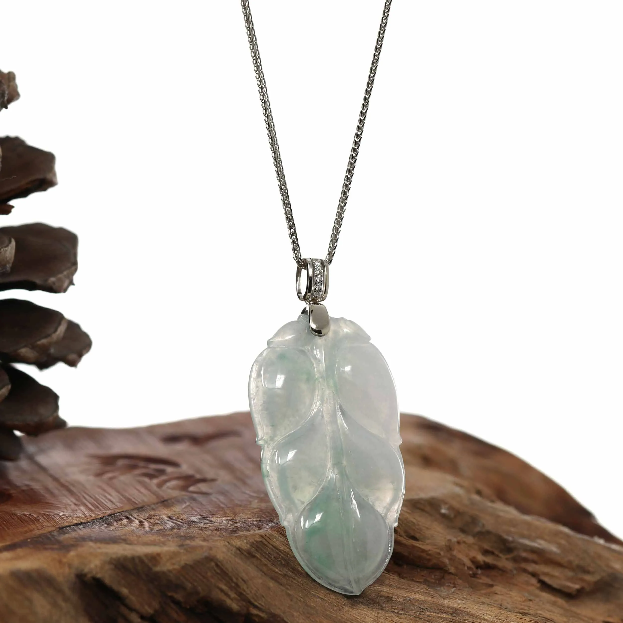 Genuine Ice Jadeite Jade Jin Zhi Yu Ye (Leaf) Necklace With White Gold VSI Diamond Bail