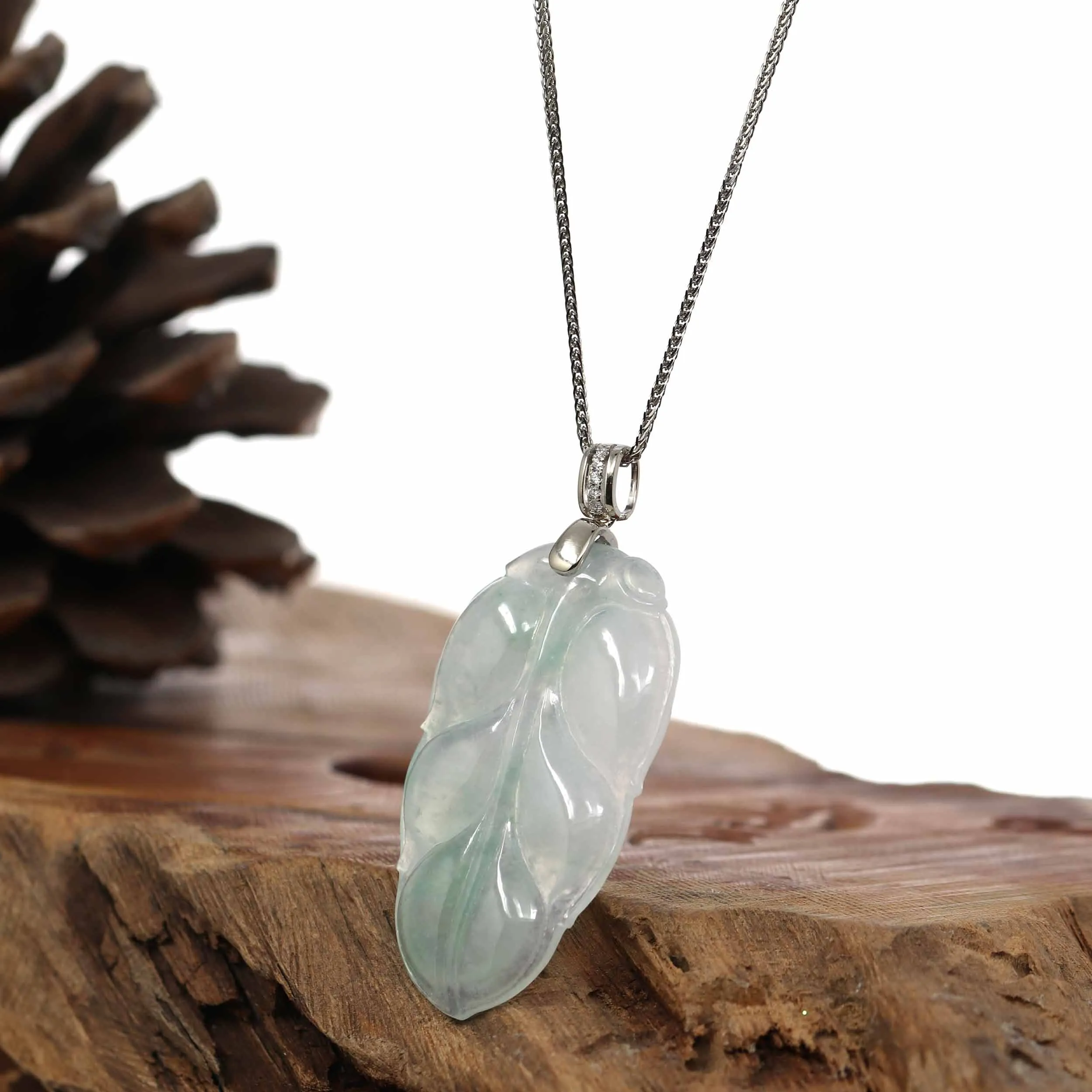 Genuine Ice Jadeite Jade Jin Zhi Yu Ye (Leaf) Necklace With White Gold VSI Diamond Bail