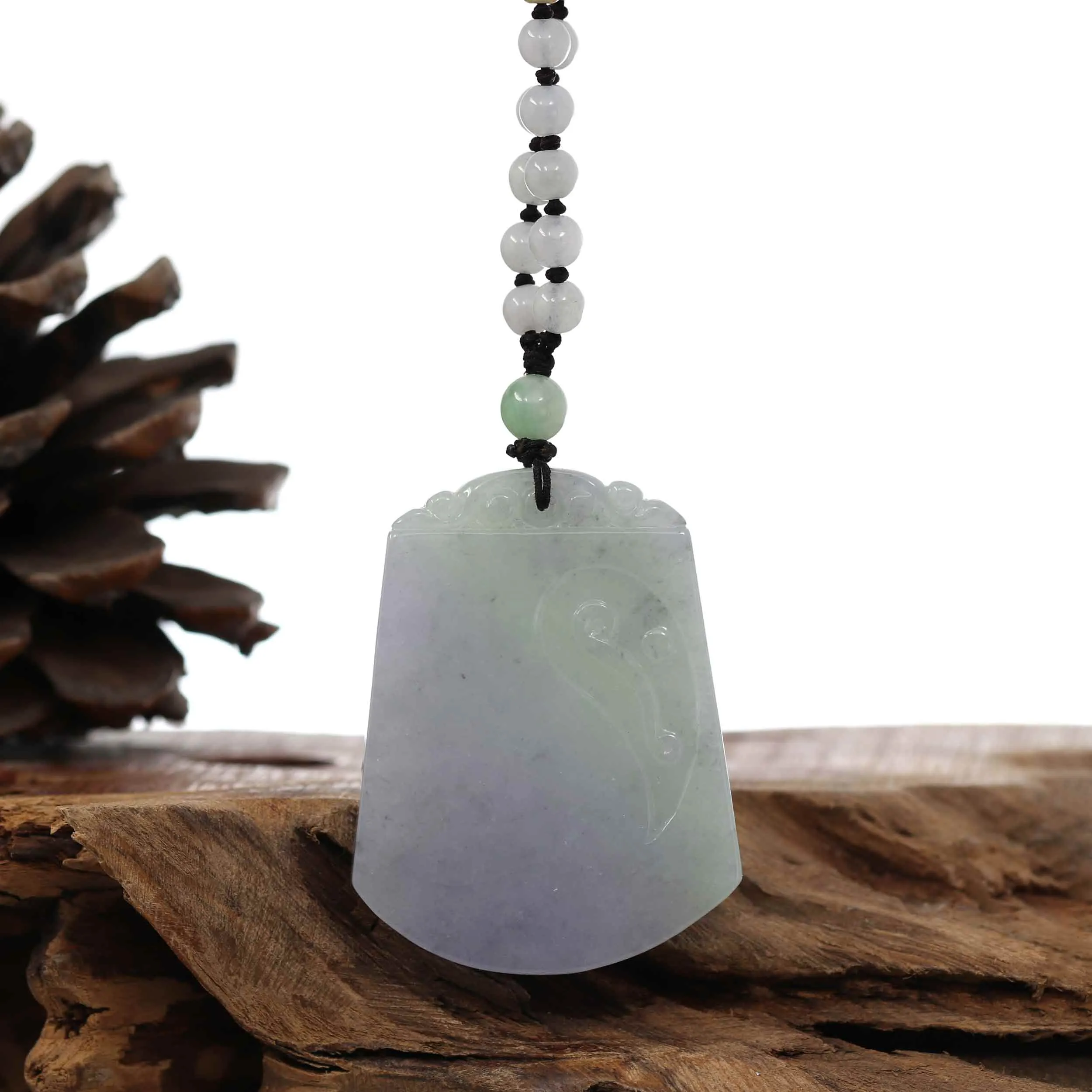 Genuine Lavender & Green Jadeite Jade "Good Luck & Safety" Pendant Necklace With Real Jadeite Bead Necklace