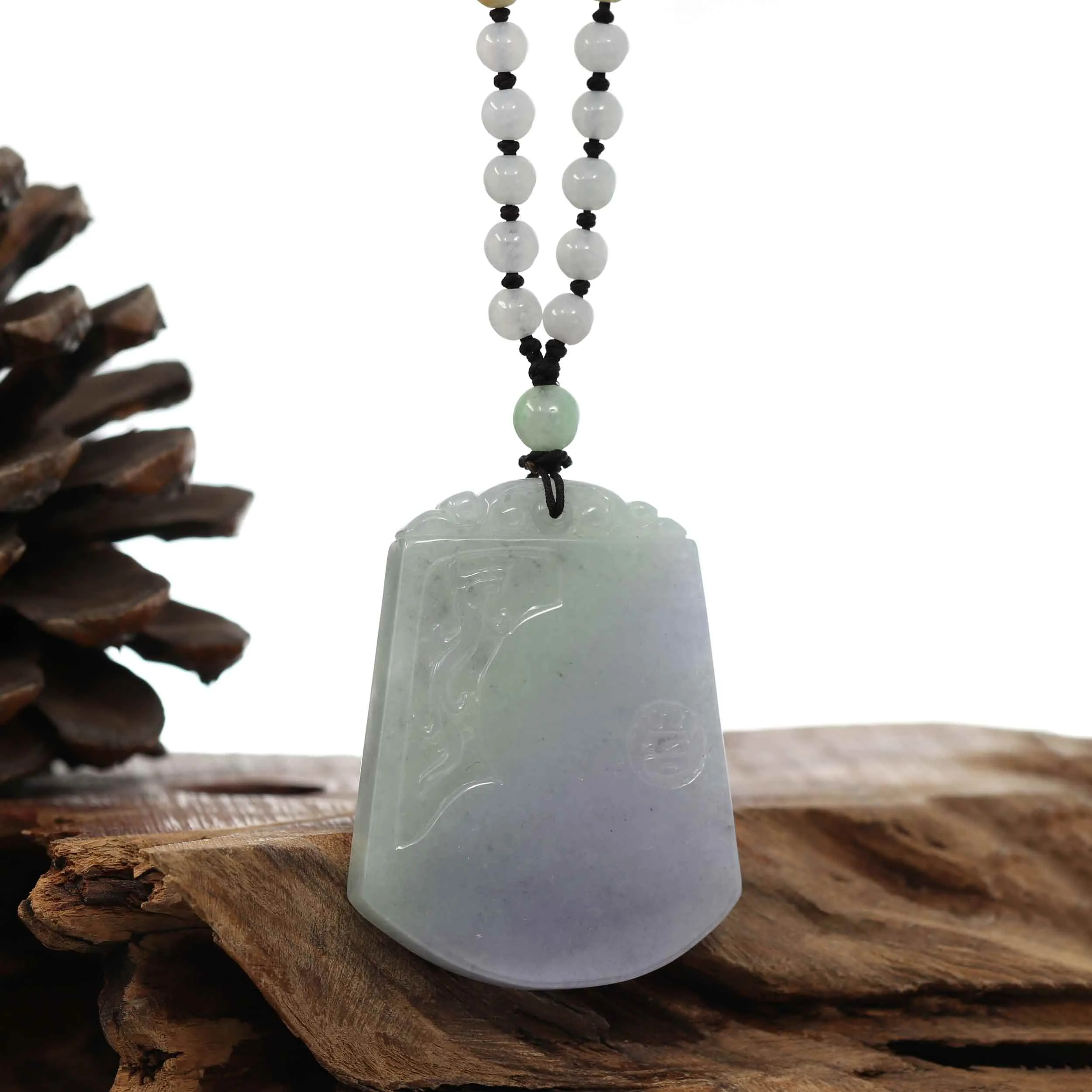 Genuine Lavender & Green Jadeite Jade "Good Luck & Safety" Pendant Necklace With Real Jadeite Bead Necklace