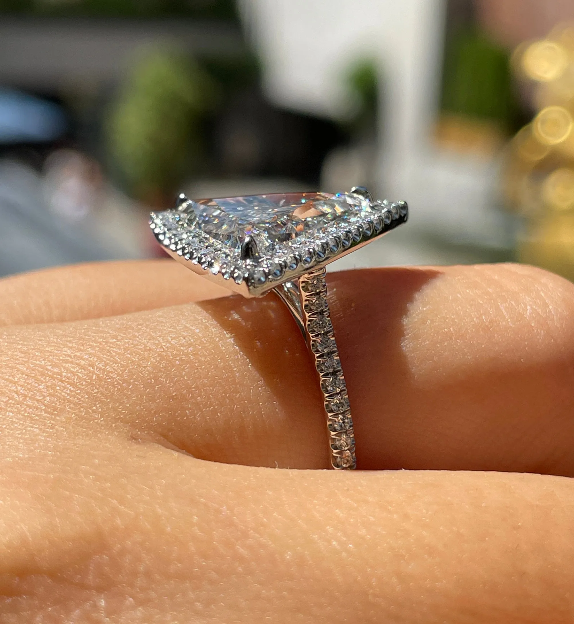 GIA 4.02ctw Trillion Diamond Engagement Halo Pave Platinum Ring