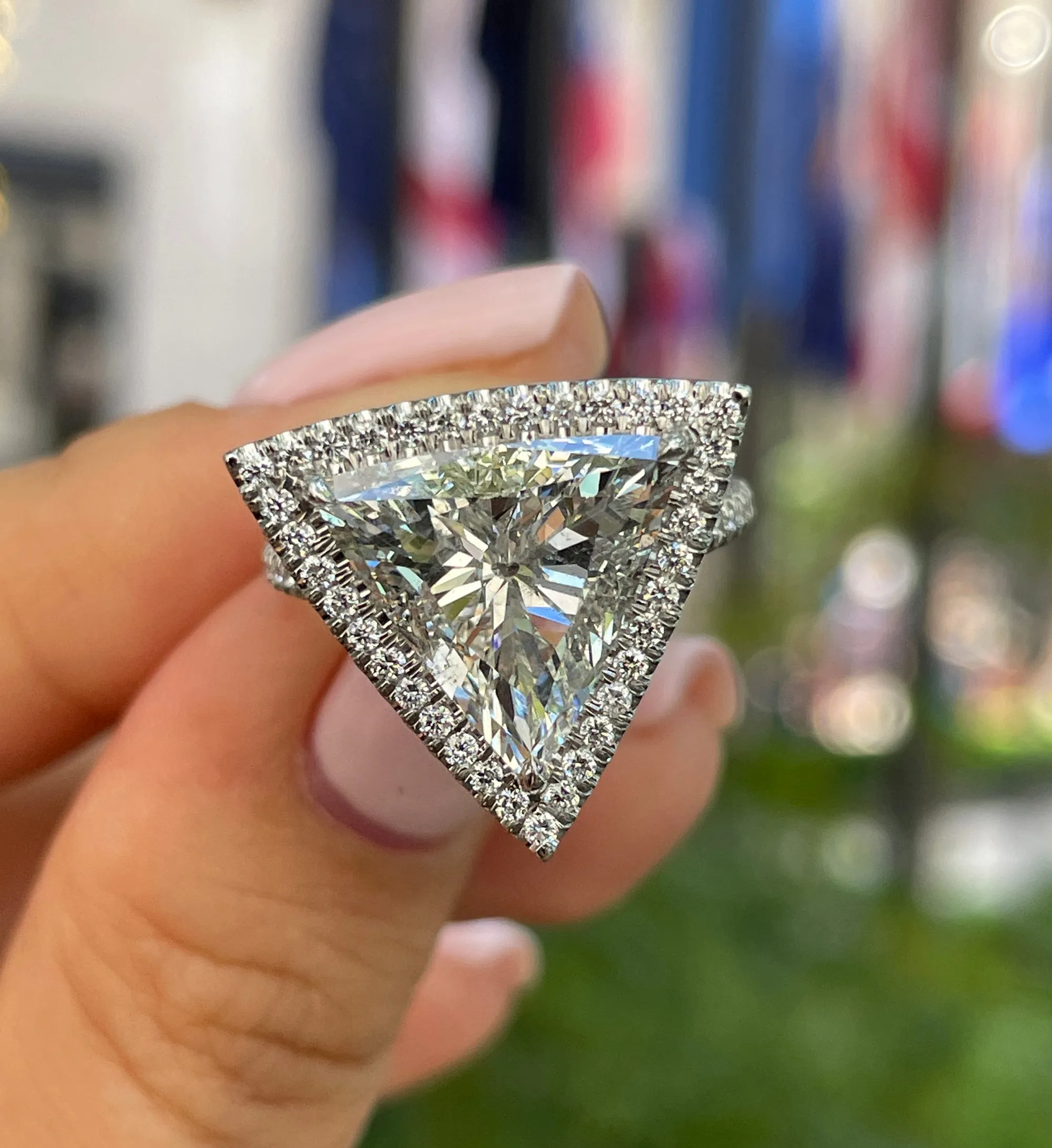 GIA 4.02ctw Trillion Diamond Engagement Halo Pave Platinum Ring