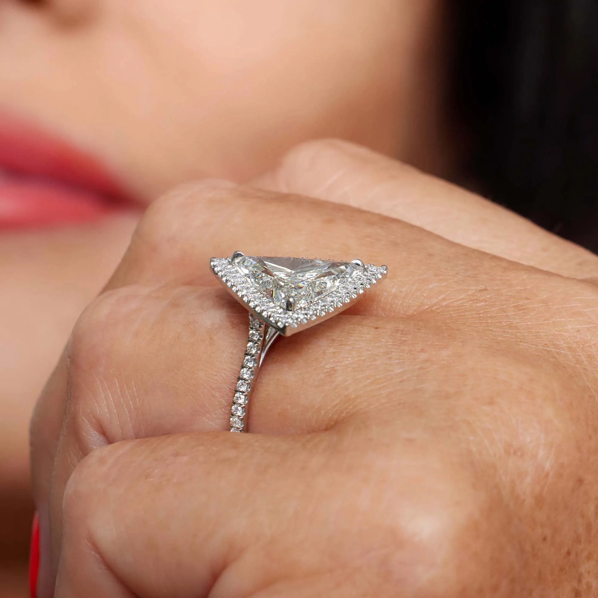 GIA 4.02ctw Trillion Diamond Engagement Halo Pave Platinum Ring