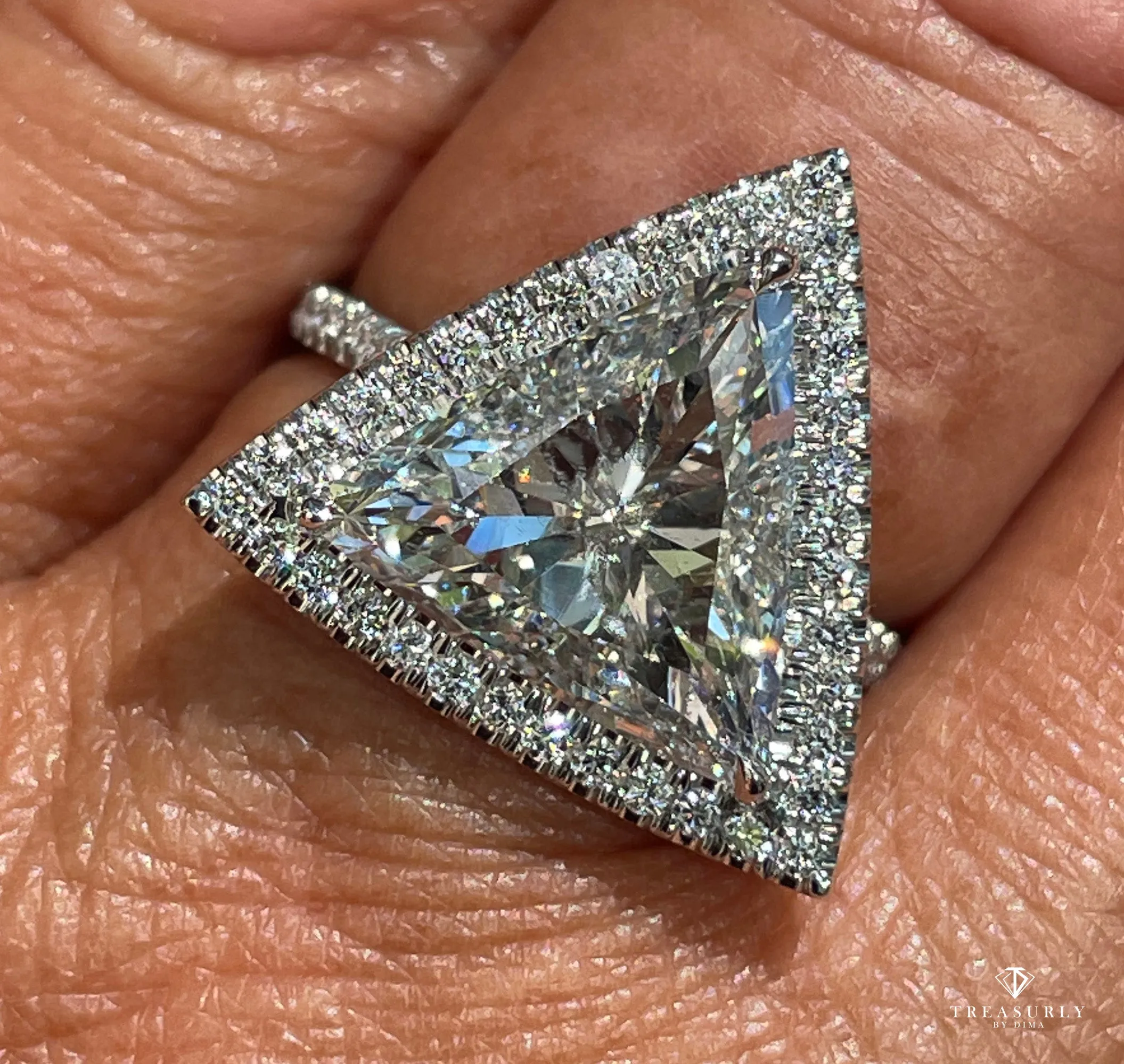 GIA 4.02ctw Trillion Diamond Engagement Halo Pave Platinum Ring