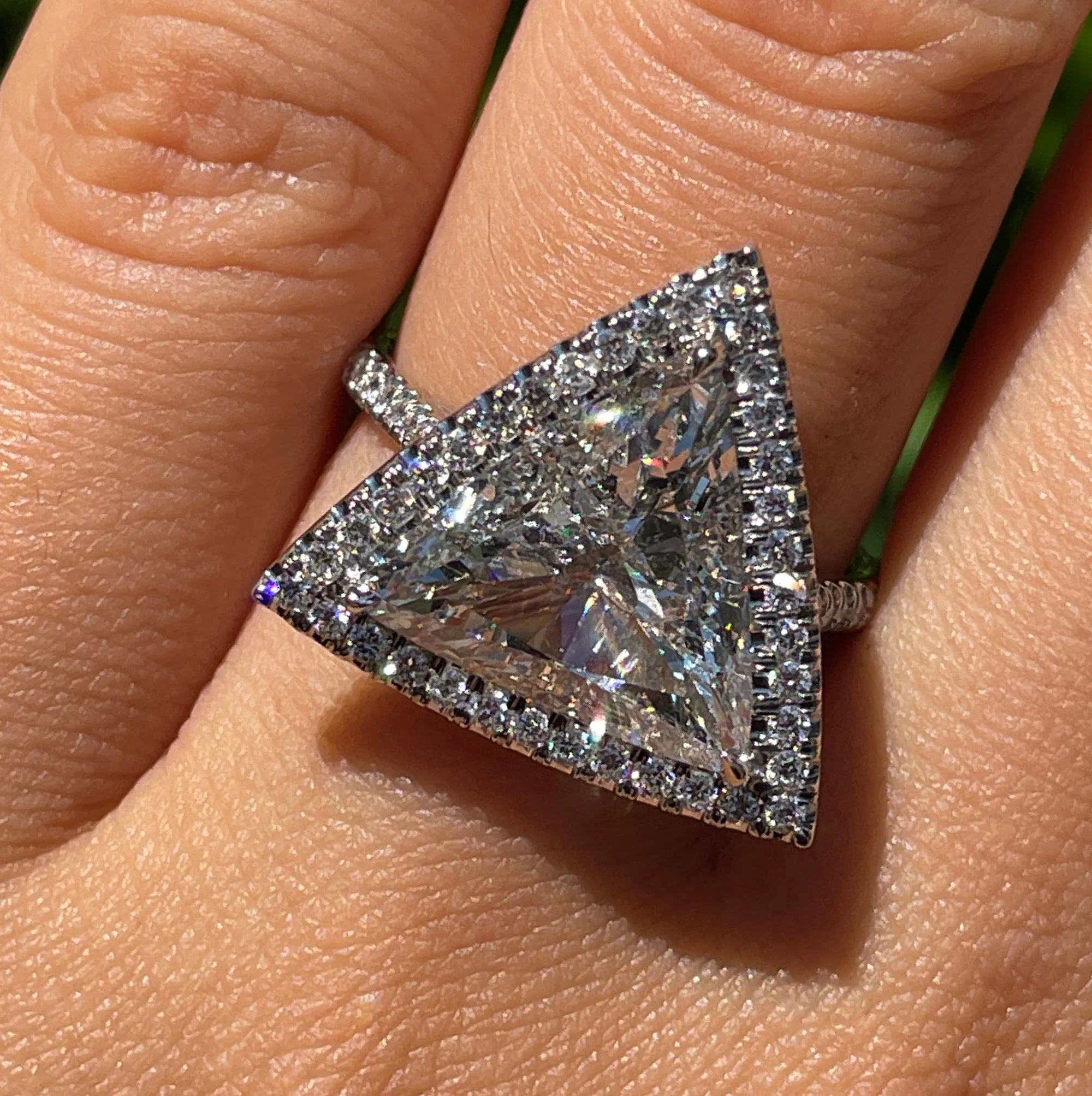 GIA 4.02ctw Trillion Diamond Engagement Halo Pave Platinum Ring