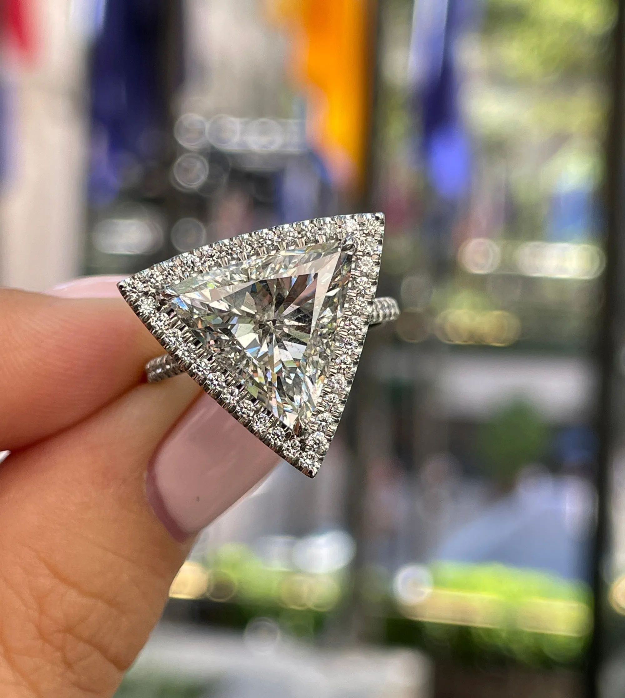 GIA 4.02ctw Trillion Diamond Engagement Halo Pave Platinum Ring