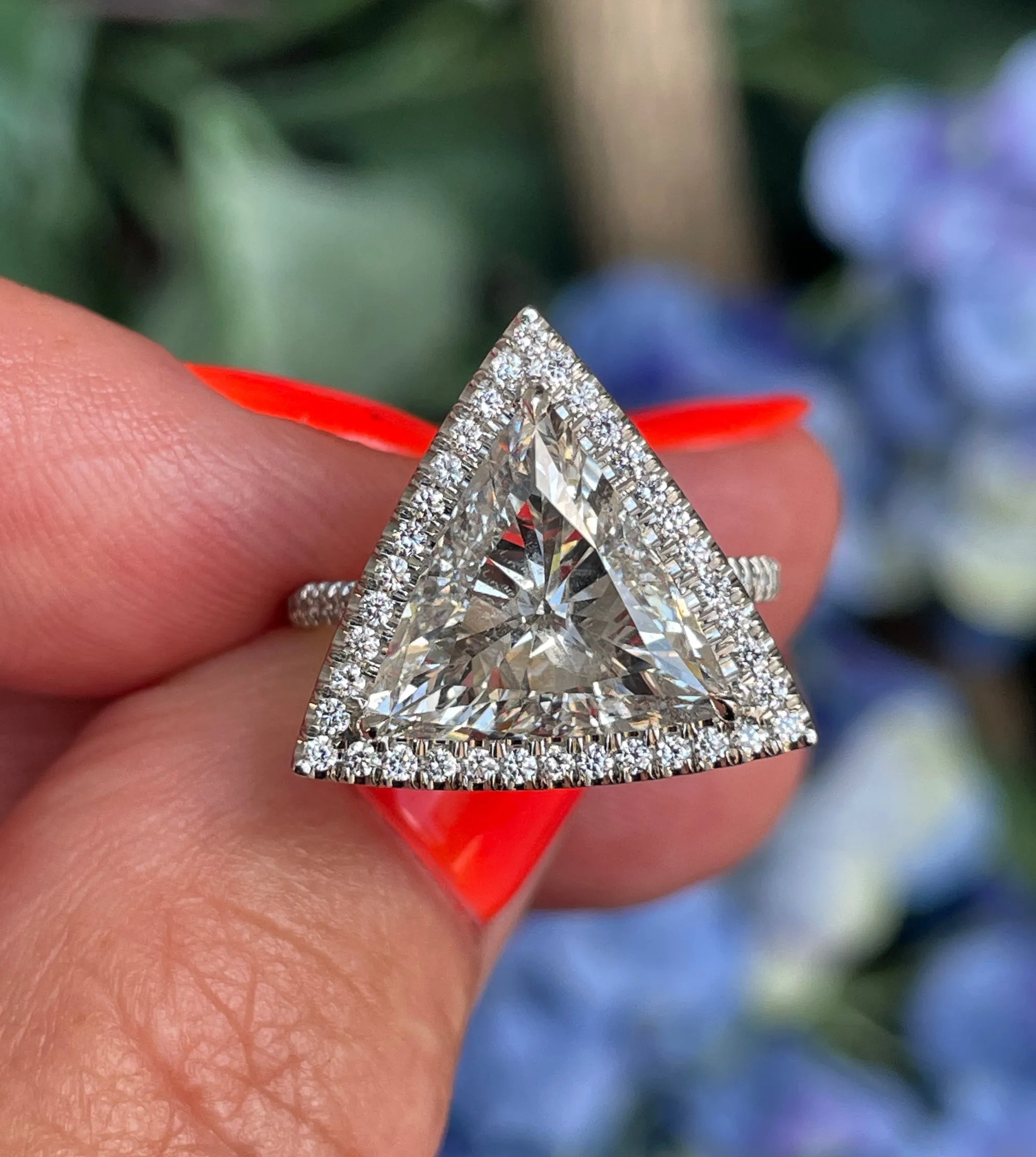 GIA 4.02ctw Trillion Diamond Engagement Halo Pave Platinum Ring
