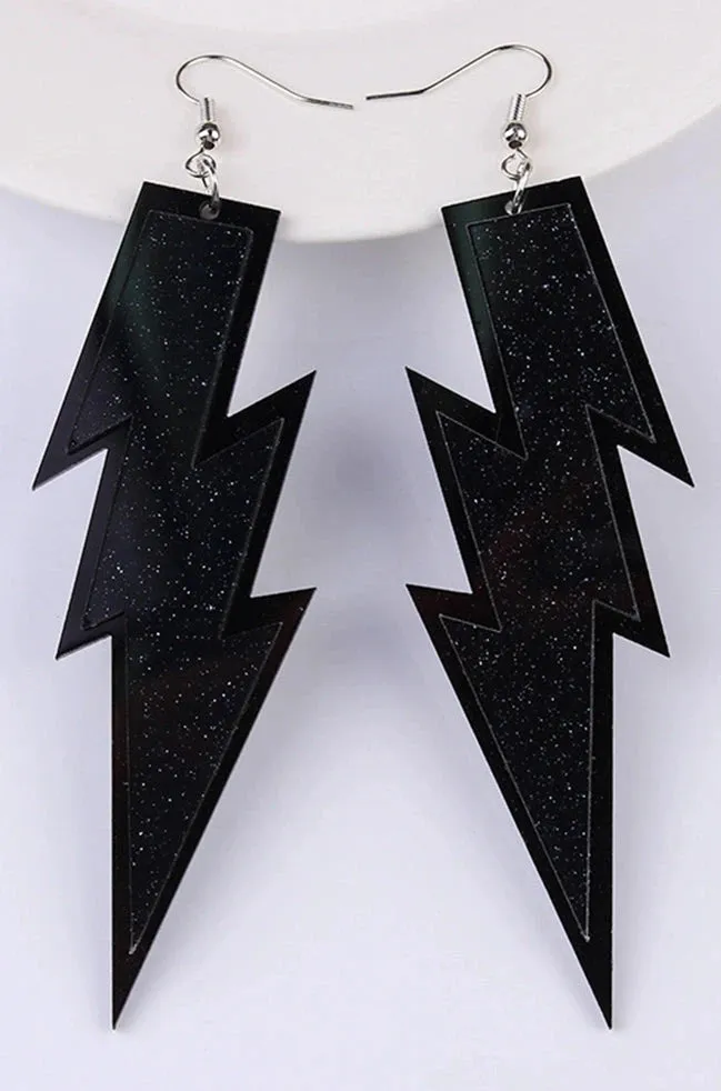 Glitter Black Acrylic Lightning Bolt Dangle Earrings
