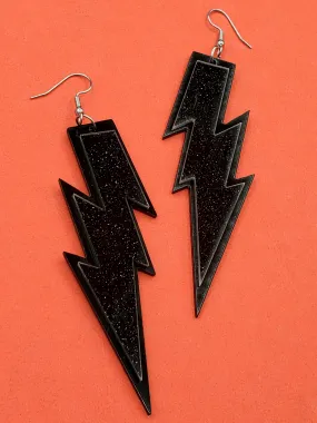Glitter Black Acrylic Lightning Bolt Dangle Earrings