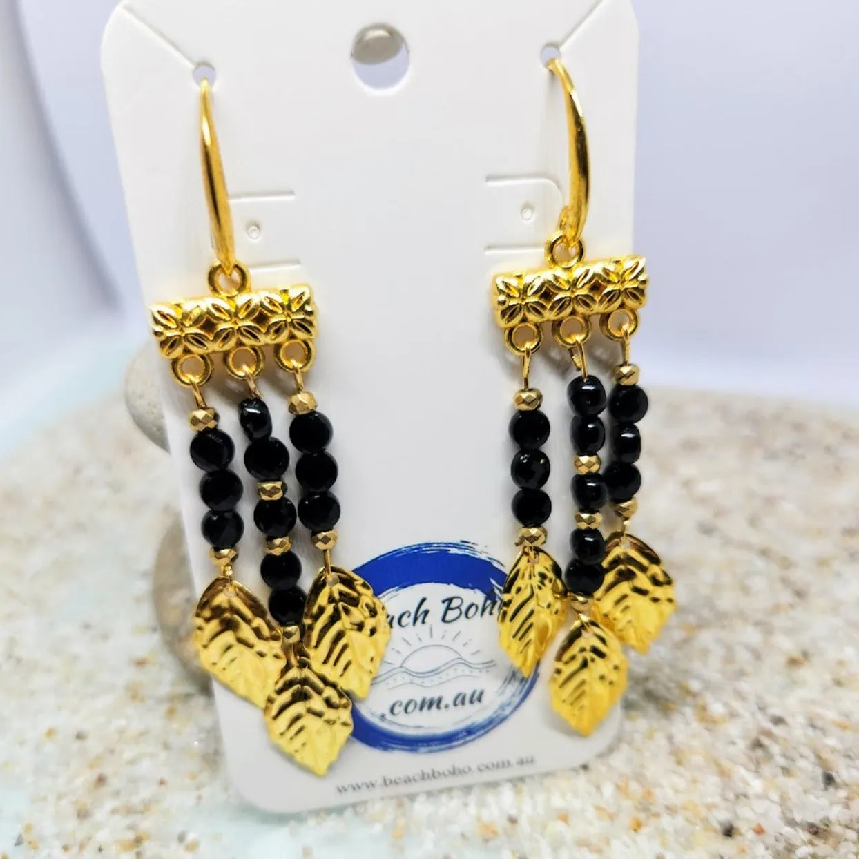 GOLDEN LEAVES - ONYX DANGLE HOOK EARRINGS