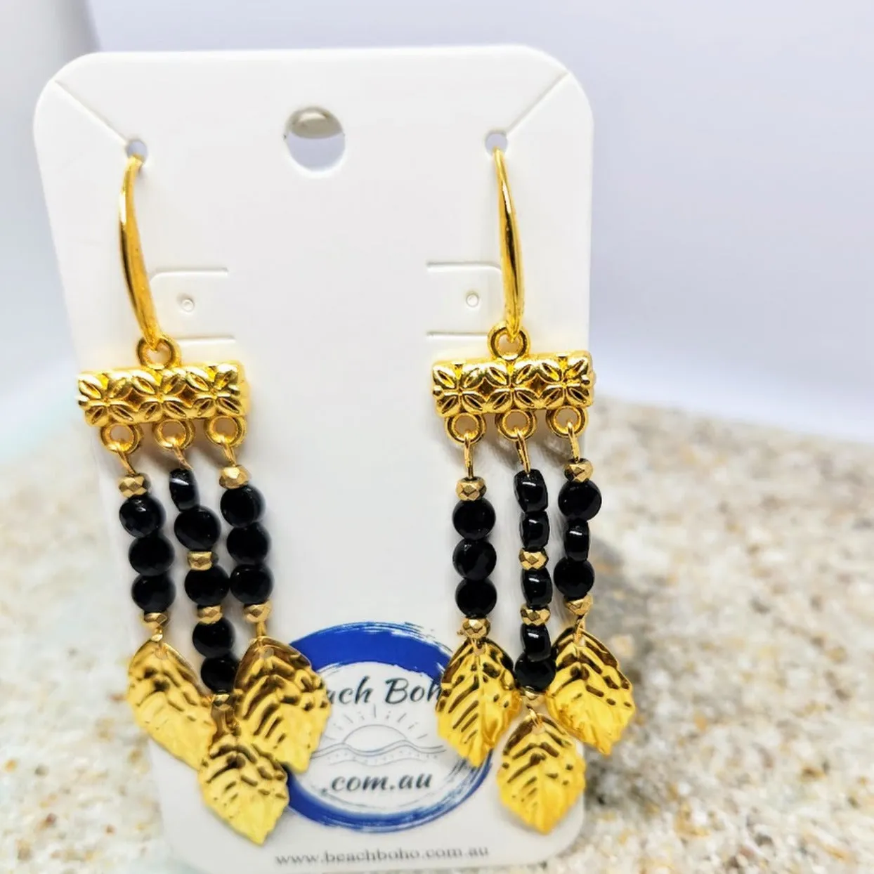 GOLDEN LEAVES - ONYX DANGLE HOOK EARRINGS
