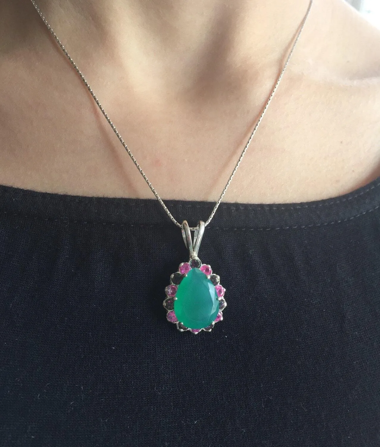Green Agate Necklace - Green Victorian Pendant - Large Vintage Necklace