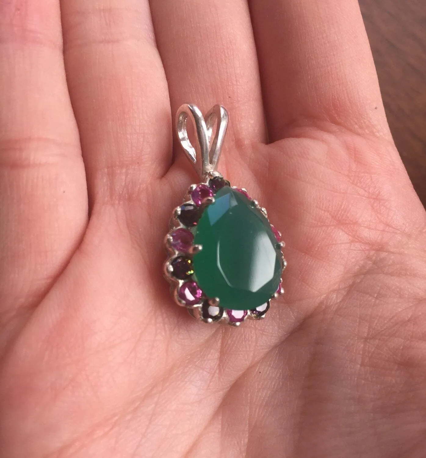 Green Agate Necklace - Green Victorian Pendant - Large Vintage Necklace