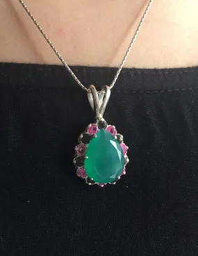 Green Agate Necklace - Green Victorian Pendant - Large Vintage Necklace
